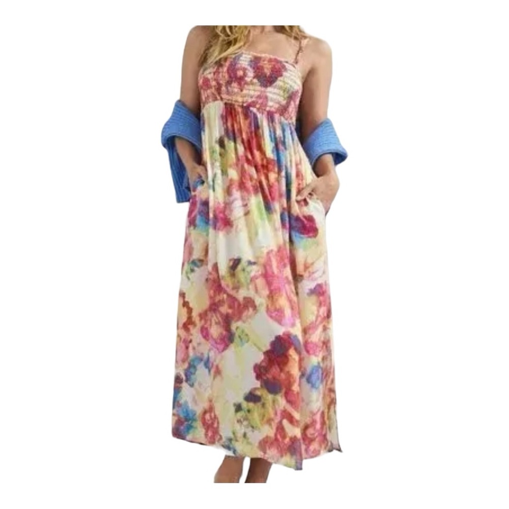 Anthropologie Multicolor Floral Strapless Midi Dress